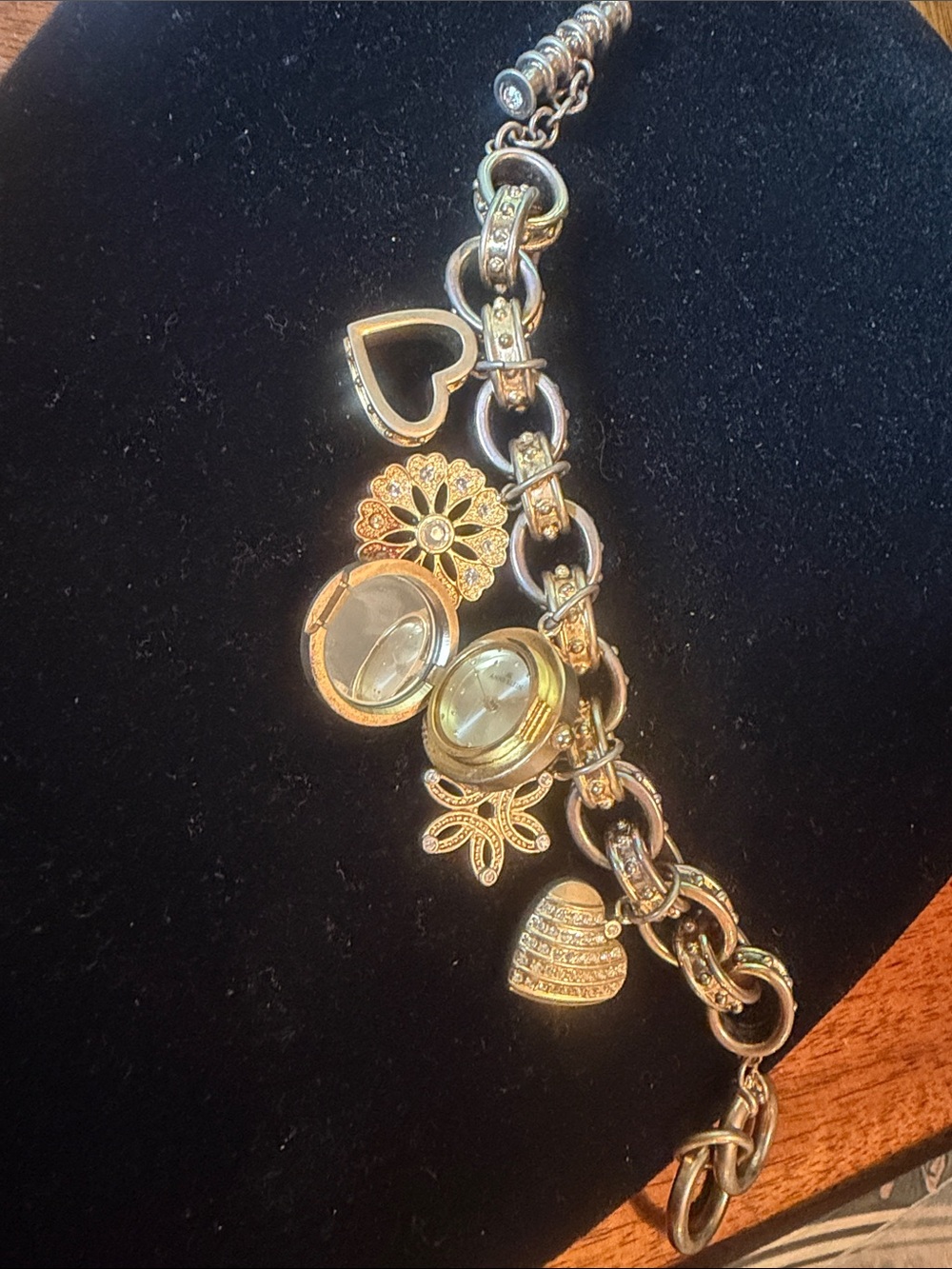 Anne Klein vintage Gold-Tone Charm Bracelet with watch Locket and Heart Charms
